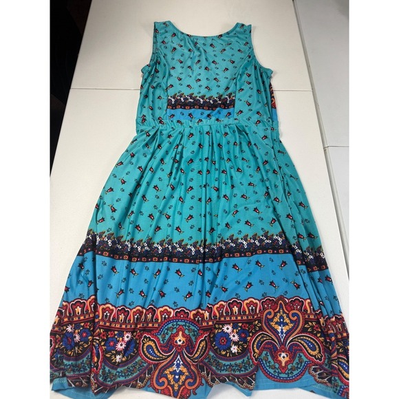 Reborn Paisley Print Midi Dress Teal Sleeveless Casual Boho Pocket M - Picture 11 of 11